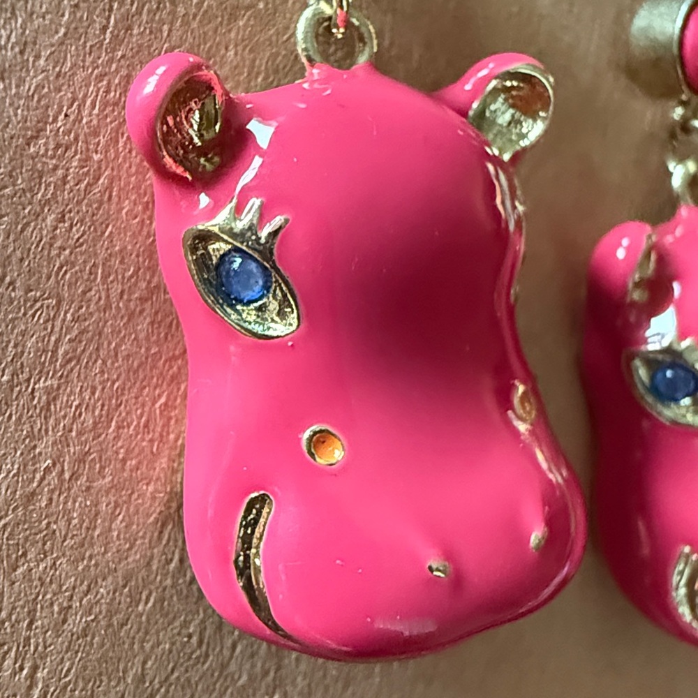 Pink Hippo Dangle Earrings Gold Accents Fun Statement 1.5” - Picture 3 of 3